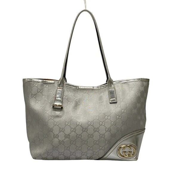 Auth GUCCI New Brit/GG 169946 Silver Jacquard Leather Tote Bag - Picture 1 of 16